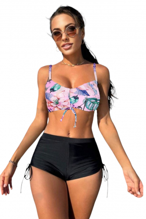 Costum de baie din 2 piese, slip pantolon scurt si sutien bustiera, roz/negru embody.ro [3]