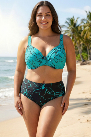 Costume baie marimi mari - Costum de Baie Doua Piese Dama Marimi Mari – Model Floral si Slip Talie Inalta Ajustabil Lm057  verde turcoaz