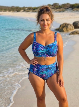 Costume baie marimi mari - Costum de baie doua piese marimi mari, albastru floral, talie inalta F2720