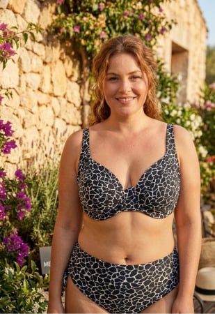 Costume baie 2 piese - Costum de Baie din Doua Piese, Talie Inalta si Sutien cu Sustinere, Imprimeu Geometric Alb-Negru