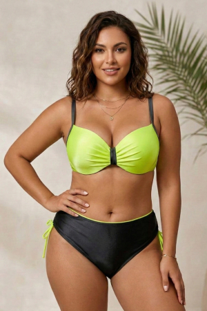 Costume baie 2 piese - Costum de Baie Elegant din Doua Piese, Sutien Sidefat si Slip Negru cu Talie Inalta y9223 negru/neon