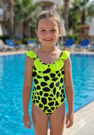Costume baie copii - Costum de baie fete intreg, cu volane, neon Q302