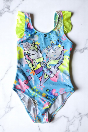 Costume baie copii - Costum de baie fete intreg, imprimeu unicorni, albastru/galben