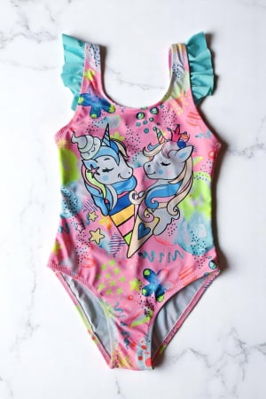 Costume baie copii - Costum de baie fete intreg, imprimeu unicorni, roz/albastru