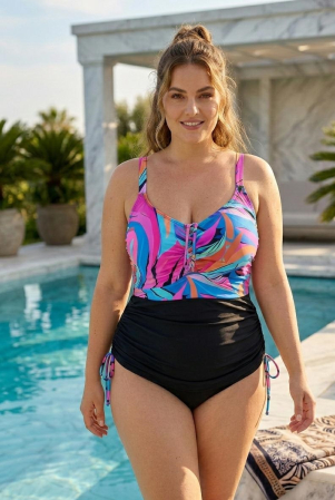 Costume de baie modelatoare - Costum de Baie Intreg Dama, Top Multicolour Abstract si Partea Inferioara Neagra Modelatoare LM072