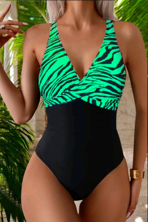 Costume baie intregi - Costum de baie intreg dama, modelator, negru/verde neon, Wild paradise
