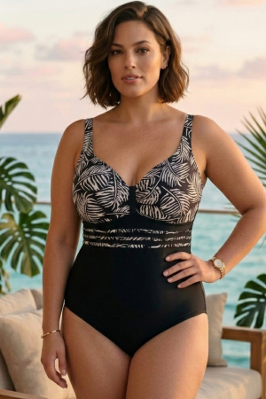 Costume de baie modelatoare - Costum de Baie Intreg cu Efect Modelator si Imprimeu Tropical, Negru/alb LM080