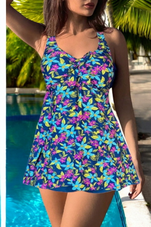 Costume baie tankini cu rochita - Costum de baie marime mare tip tankini, doua piese, fusta si pantaloni scurti, floral, albastru, embody.ro