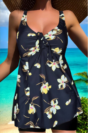 Costume baie tankini cu rochita - Costum de baie marime mare tip tankini, doua piese, fusta si pantaloni scurti, floral, embody.ro