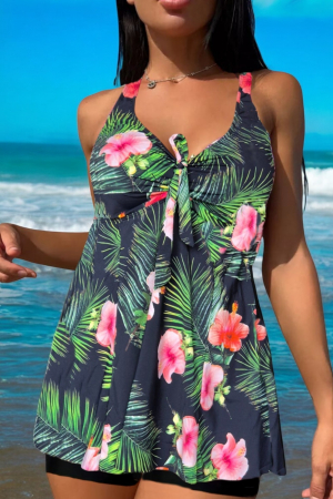 Costume baie tankini cu rochita - Costum de baie marime mare tip tankini, doua piese, fusta si pantaloni scurti, floral, albastru, embody.ro