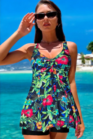 Costume baie tankini cu rochita - Costum de baie marime mare tip tankini, doua piese, fusta si pantaloni scurti, floral, albastru, embody.ro