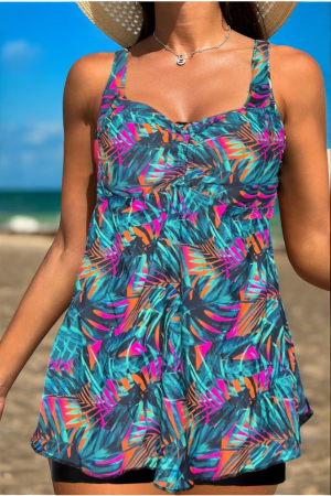 Costume baie tankini cu rochita - Costum de baie marime mare tip tankini, doua piese, fusta si pantaloni scurti, embody.ro