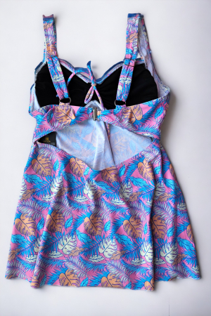 Costum de baie marime mare tip tankini, doua piese, fusta si pantaloni scurti, albastru, Ocean palms, embody.ro [2]
