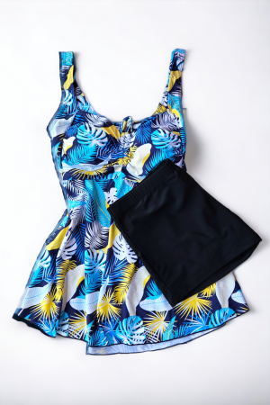 Costum de baie marime mare tip tankini, doua piese, fusta si pantaloni scurti, albastru, Sunny palms, embody.ro [1]