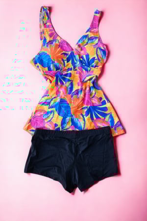 Costum de baie marime mare tip tankini, doua piese, fusta si pantaloni scurti, multicolor, Lisa, embody.ro [1]