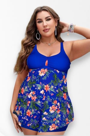 Costum de baie marime mare tip tankini, doua piese, fusta si pantaloni scurti, albastru, embody.ro [4]