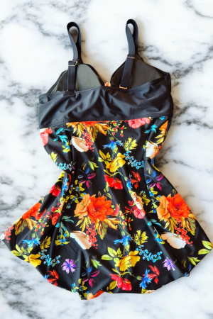 Costum de baie marime mare tip tankini, doua piese, fusta si pantaloni scurti, multicolor, Tropical flower , embody.ro [2]