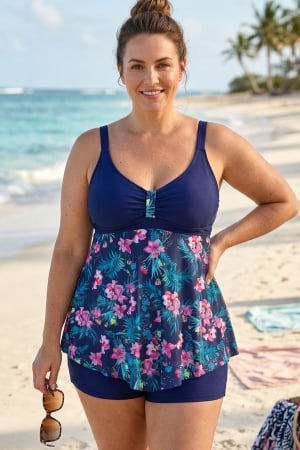 Costume baie 2 piese - Costum de baie marime mare tip tankini, doua piese, fusta si pantaloni scurti, bleumarin w110