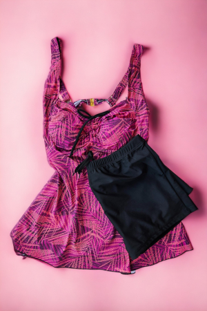Costum de baie marime mare tip tankini, doua piese, rochita si pantaloni scurti, visiniu, embody.ro [1]