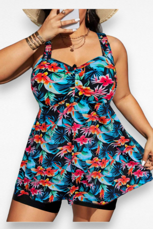 Costum de baie marime mare tip tankini, doua piese, rochita si pantaloni scurti, multicolor, Exotic, embody.ro [4]