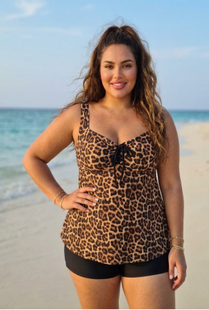 Costume baie 2 piese - Costum de Baie Tankini cu rochita si slip pantaloni scurti 2 Piese animal print F2503