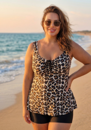 Costume baie tankini cu rochita - Costum de Baie Tankini cu rochita si slip pantaloni scurti 2 Piese leo print F2503