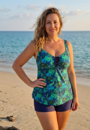 Costume baie 2 piese - Costum de Baie Tankini cu rochita si slip pantaloni scurti 2 Piese tropical palms F2503