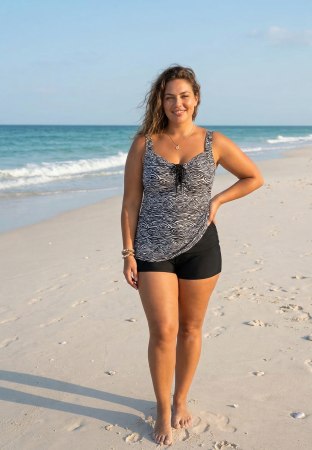 Costume baie 2 piese - Costum de Baie Tankini cu rochita si slip pantaloni scurti 2 Piese alb/negru f2503