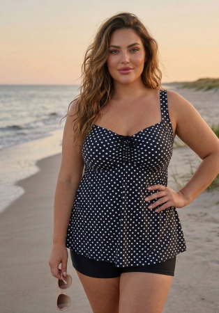 Costume baie 2 piese - Costum de Baie Tankini cu rochita si slip pantaloni scurti 2 Piese buline f2503