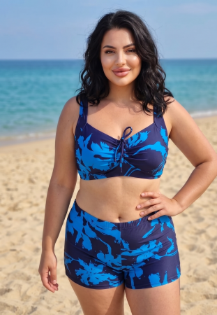 Costume baie marimi mari - Costum de baie dama 2 piese marimi mari  cu Pantaloni Scurti si Bustiera Reglabila -Floral Albastru f2505
