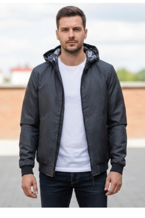 Geci - Geaca barbati cu doua fete, gluga fixa si imprimeu montan/ negru uni 62504