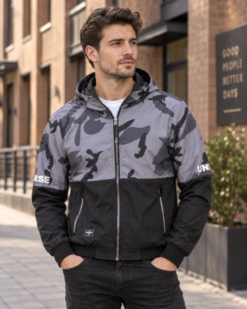 Geci si veste barbati - Geaca de Fas Subtire Barbati cu Gluga, Model Camuflaj Gri-Negru, Buzunare cu Fermoar 7172