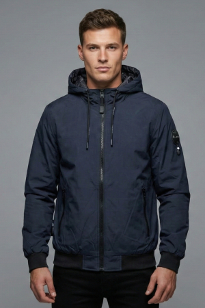 Geci - Geaca barbati din fas subtire cu gluga fixa si buzunare cu fermoar bleumarin 7171