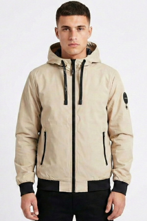 Geci - Geaca barbati din fas subtire cu gluga fixa si buzunare cu fermoar bej 7171