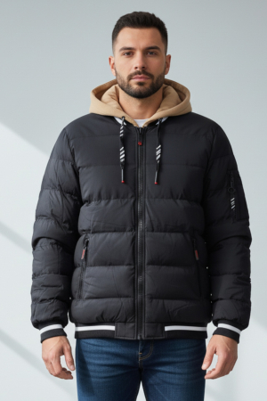 Geci - Geaca groasa Puffer Barbati Neagra cu Gluga detasabila Bej 7457-1 negru