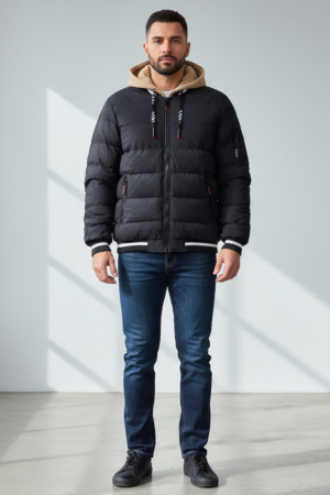 Geaca groasa Puffer Barbati Neagra cu Gluga detasabila Bej 7457-1 negru [4]