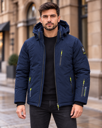 Geci si veste barbati - Geaca Groasa de Iarna Barbati Bleumarin cu Gluga si 4 Buzunare cu Fermoar