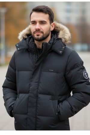 Geaca barbati iarna neagra matlasata ,gluga cu puf detasabila 7460-1 [4]