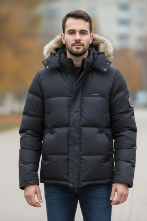 Geaca barbati iarna neagra matlasata ,gluga cu puf detasabila 7460-1 [1]
