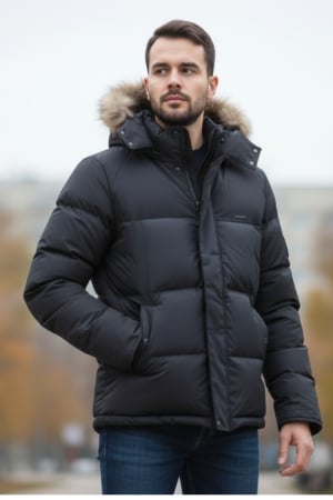 Geci - Geaca barbati iarna neagra matlasata ,gluga cu puf detasabila 7460-1