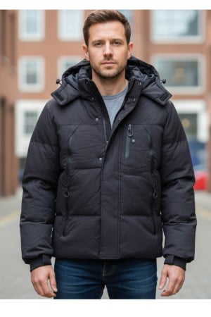Geci - Geaca Barbati Iarna Groasa cu Gluga Detasabila negru 52036-1