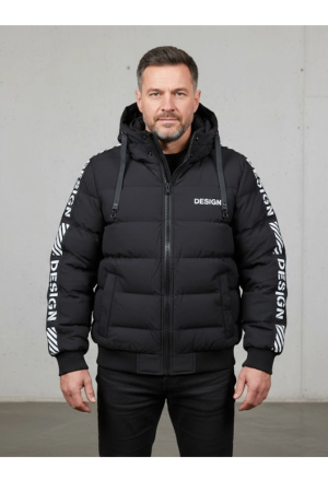 Geci - Geaca groasa de iarna barbati, neagra cu gluga detasabila si imprimeu "Design" 7951-1