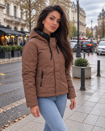 Geci si veste dama - Geaca Dama Antivant si Antiapa cu Gluga, Maro Taupe, Buzunare cu Fermoar