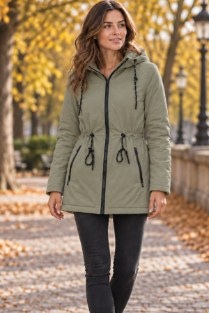 Geci si veste dama - Geaca dama lunga tip parka, kaki, cu gluga, talie reglabila si buzunare cu fermoar 8000