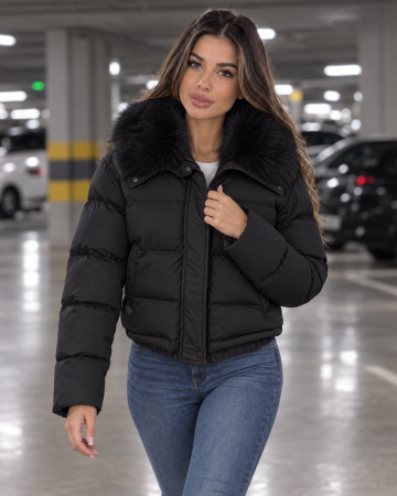 Geci - Geaca dama de iarna cu blana detasabila, croi lejer oversize, model scurt matlasat, negru 8813