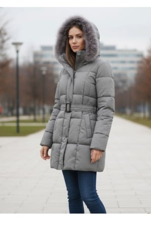 Geci si veste dama - Geaca Dama Groasa de Iarna cu Gluga si Cordon 210 gri