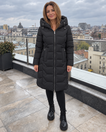 Geci si veste dama - Geaca lunga dama neagra de iarna, matlasata, cu gluga si fermoar, model elegant 8820