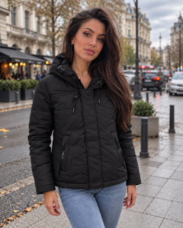 Geci si veste dama - Geaca Dama Neagra cu Gluga, Anti Vant si Rezistenta la Apa, Matlasata, cu Buzunare cu Fermoar