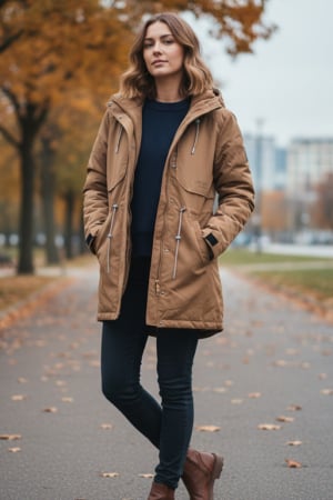 Geci si veste dama - Geaca dama cu gluga detasabila, buzunare cu fermoar maro 8002-4