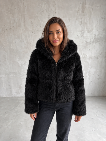 Geci - Geaca Dama Scurta Negru din Blana Pufoasa cu Fermoar - Model Elegant de Toamna Iarna
